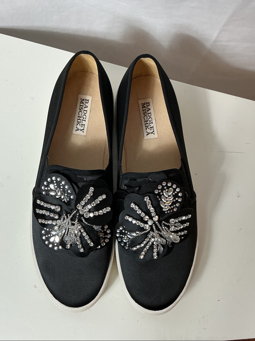 Badgley Mischka Satin Slip-On Sneakers with Crystal Floral Appliqués